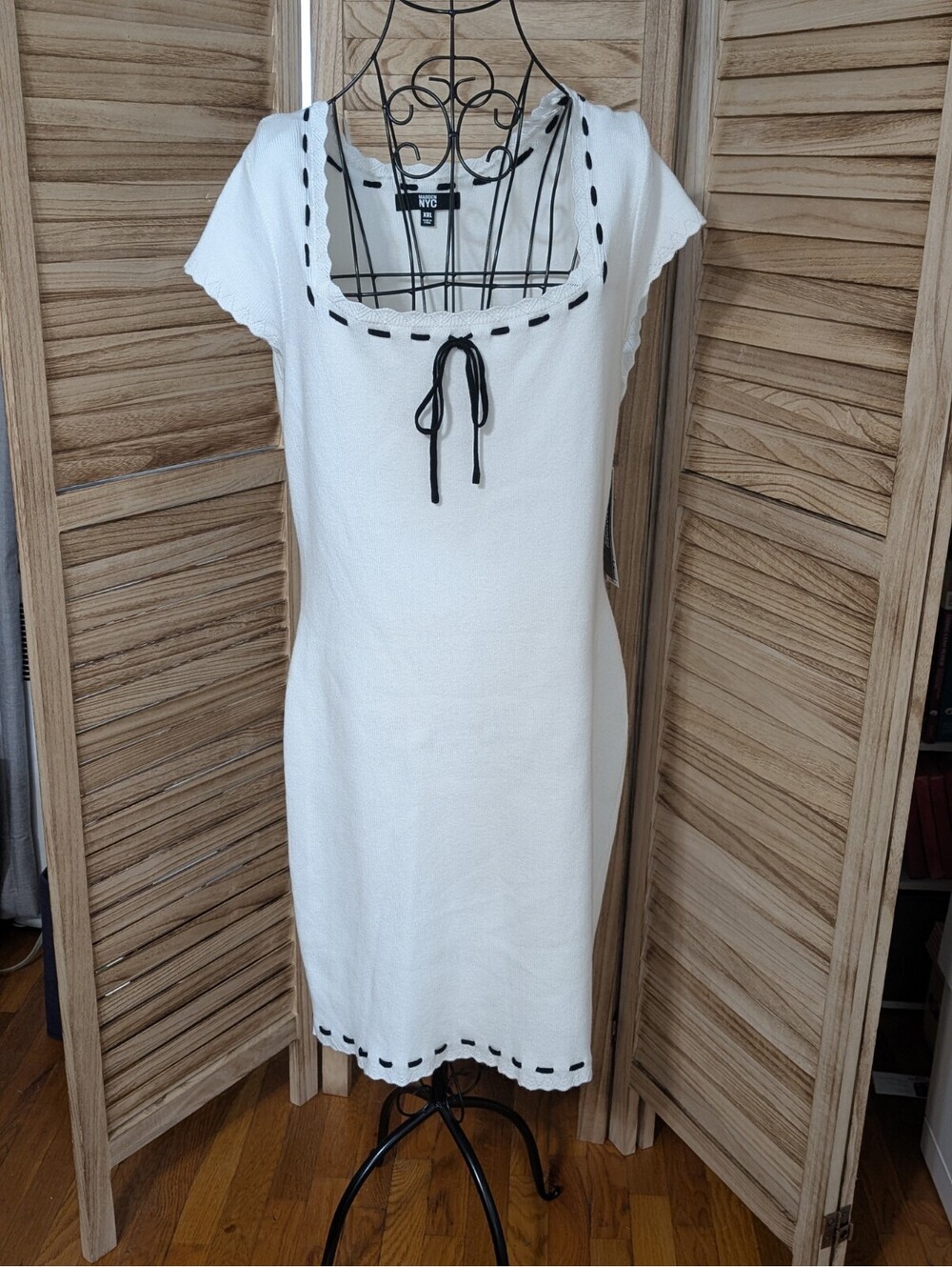 NYC White Knit Tie-Front Dress with Black Trim